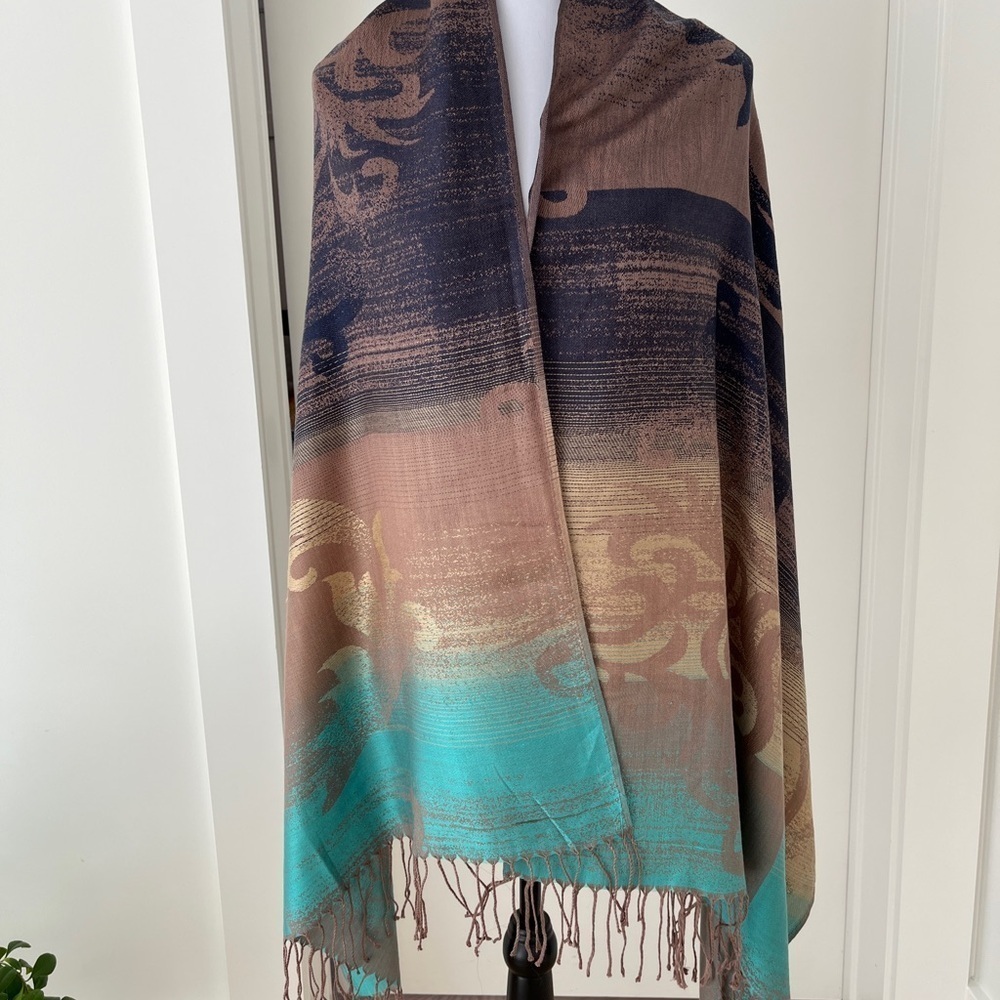 WRAP Shawl Oversize Scarf Fringe Brown Tan Turquoise Ombre Lightweight Travel